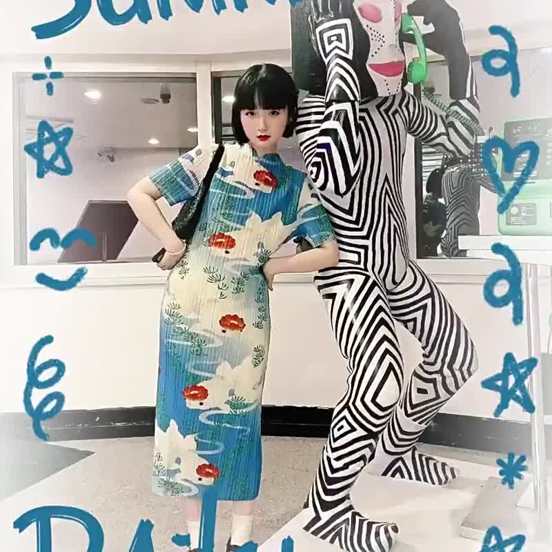 目目玉nunuyu设计师款金鱼水草图案蓝色褶皱连衣裙 - 洋装/连衣裙 - 聚酯纤维 多色