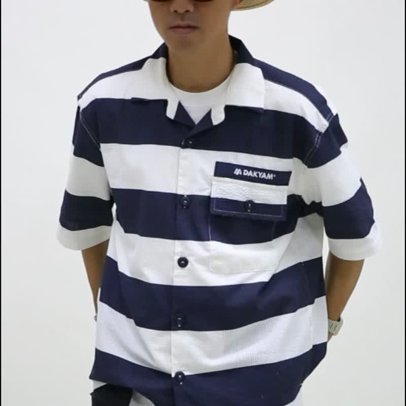 DAKYAM 夏季宽松日系水手蓝白条纹纯棉泡泡纱短袖衬衫 - 男装衬衫 - 棉．麻 