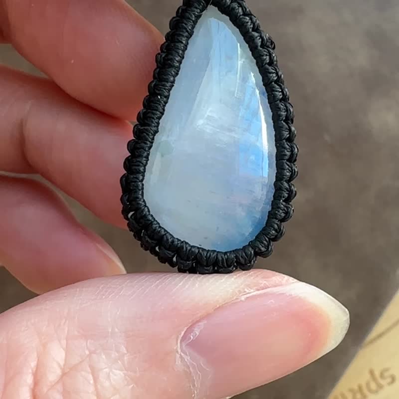 CSP12 中性简约 蜡线编织 月亮石 不锈钢珠 颈链 (可调长度) - 项链 - 宝石 黑色