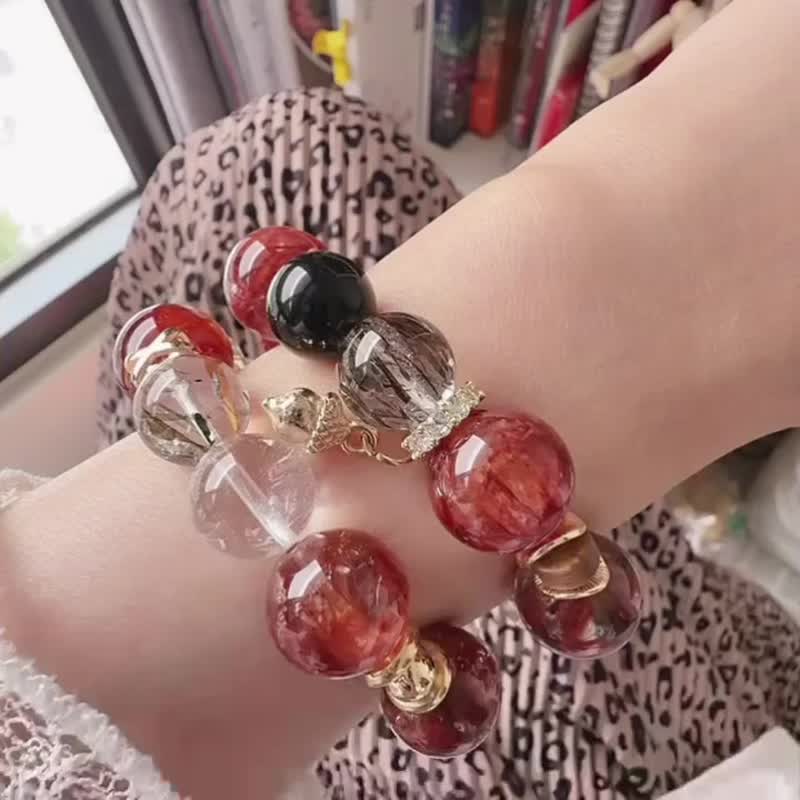 一抹光【红红火火】小资顶级超美 红胶花 x 黑金超  设计水晶手串 - 手链/手环 - 水晶 红色