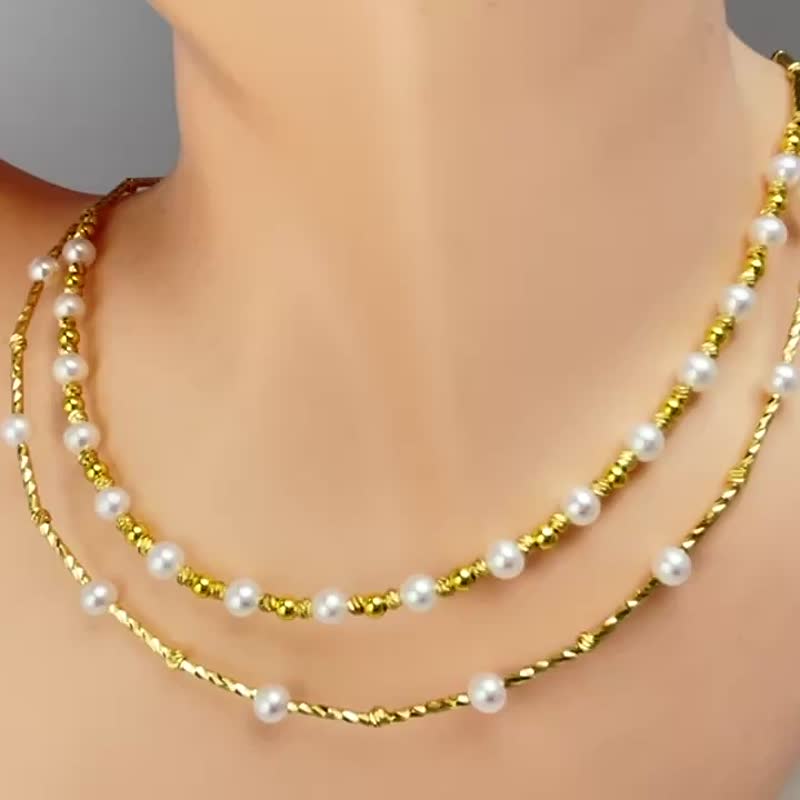 金色波澜 天然淡水珍珠 桃心 华丽 磁吸扣 双圈 项链 - 项链 - 珍珠 白色