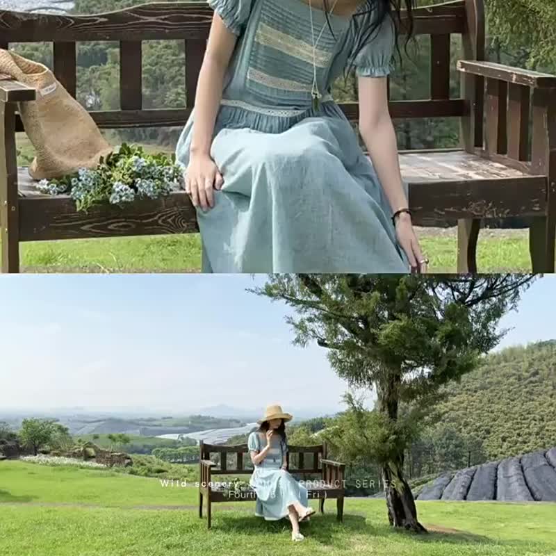 淺黛藍 聖托裡尼藍 法式氧氣感天絲苧麻洋裝 方領蕾絲花邊連身裙 - 洋装/连衣裙 - 棉 蓝色