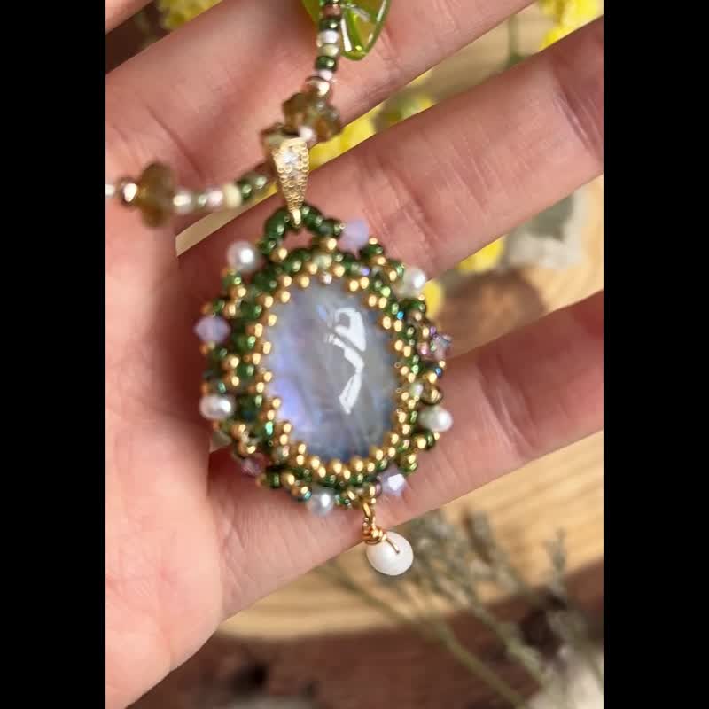 月亮石 森巴嘉年华 玻璃米珠 x 天然石 串珠吊坠 配 珠珠链 - 项链 - 水晶 绿色