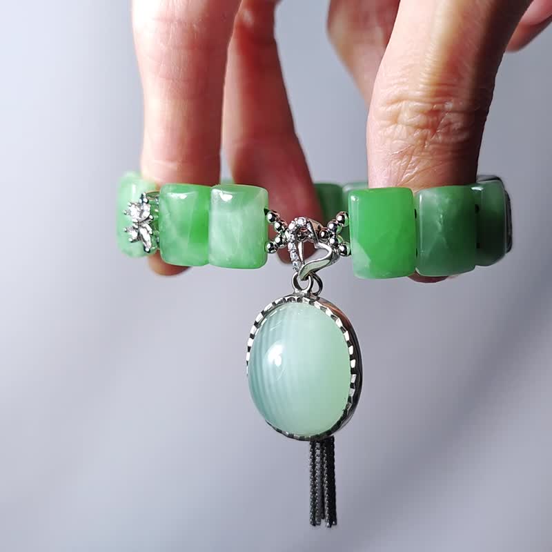 顶级稀有绿纹石 蛋面 流苏 富贵 心轮 事业 手排 手链 单品 礼物 - 手链/手环 - 宝石 绿色