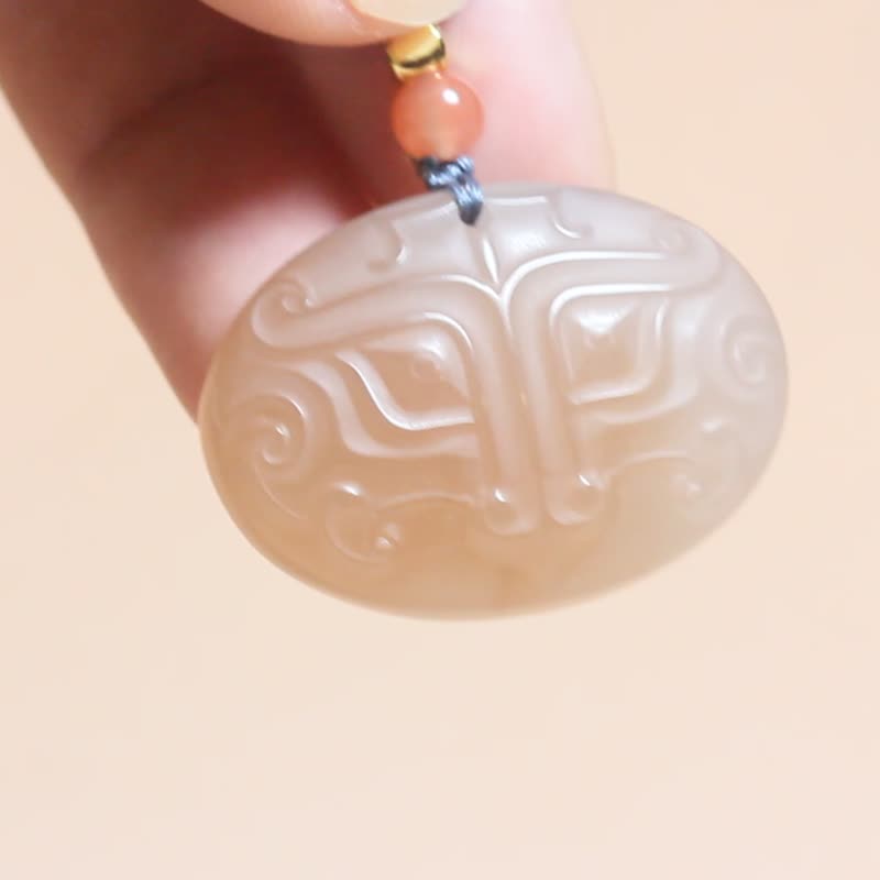 【饕餮纹】项链吊坠挂件 天然三彩玉 烟粉色复古文艺 - 项链 - 玉石 粉红色