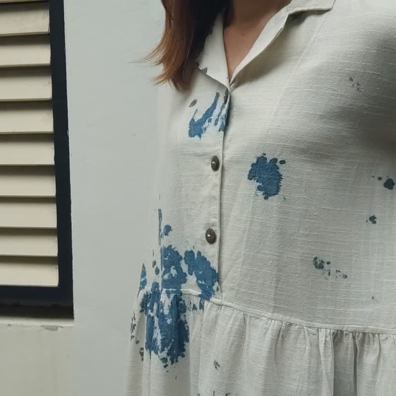 Beige Cloud Dress - 扎染棉质夏威夷领连身裙 - 洋装/连衣裙 - 棉．麻 白色
