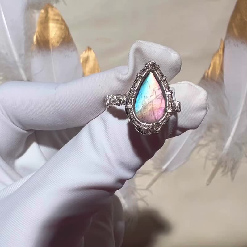 纯手工纯银绕线制作彩色l拉长石开口戒指 - 戒指 - 宝石 多色