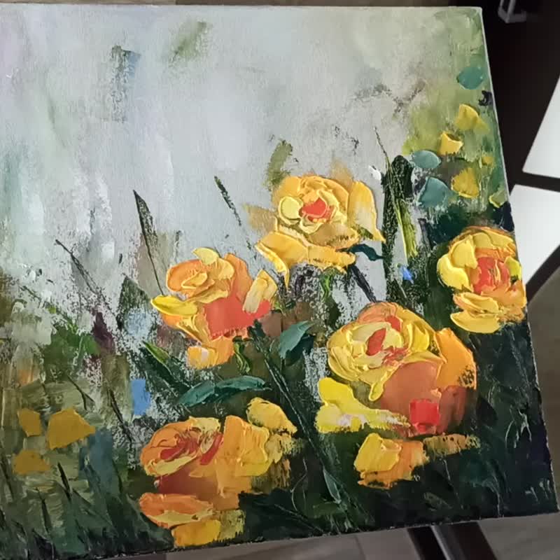 黄玫瑰油画花卉原创艺术玫瑰布面油画 30x30 厘米 - 海报/装饰画/版画 - 其他材质 黄色
