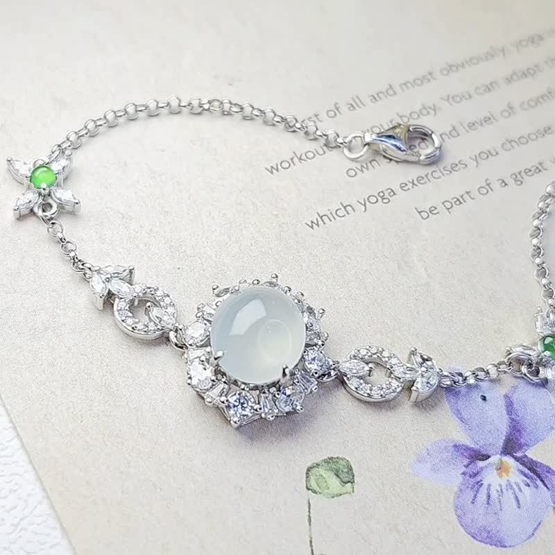 |仙气|A货翡翠高冰白翡放光大蛋面10.5mm纯银镀18k豪镶手链 - 手链/手环 - 玉石 