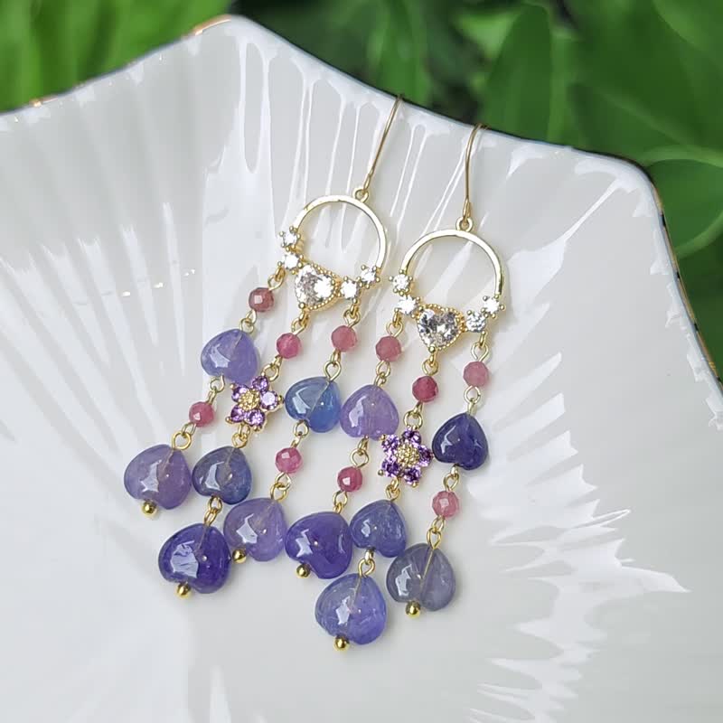 顶级 丹泉石 坦桑 碧玺 流苏 大红大紫 心想事成 富贵 耳环 限量 - 耳环/耳夹 - 宝石 紫色