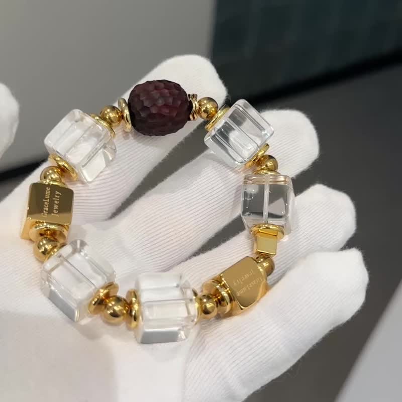 战马黄金 | 14mm净体白水晶方砖18K金方砖锤纹紫檀GraceLume设计 - 手链/手环 - 水晶 白色