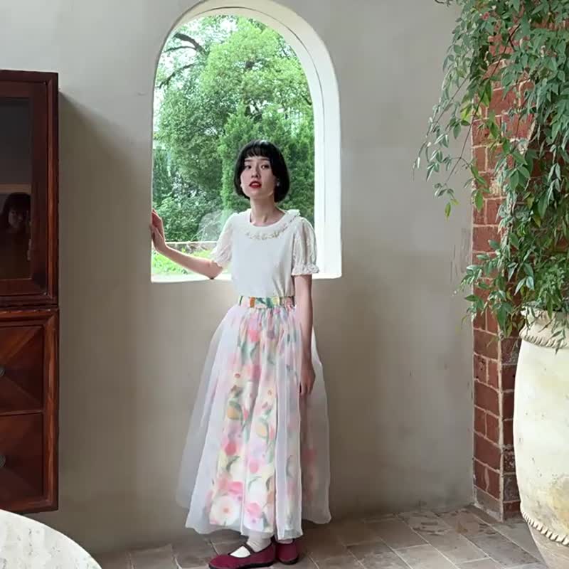 油画花园小白衫 日系刺綉花边圆领短袖衬衫上衣 - 女装衬衫 - 棉．麻 白色