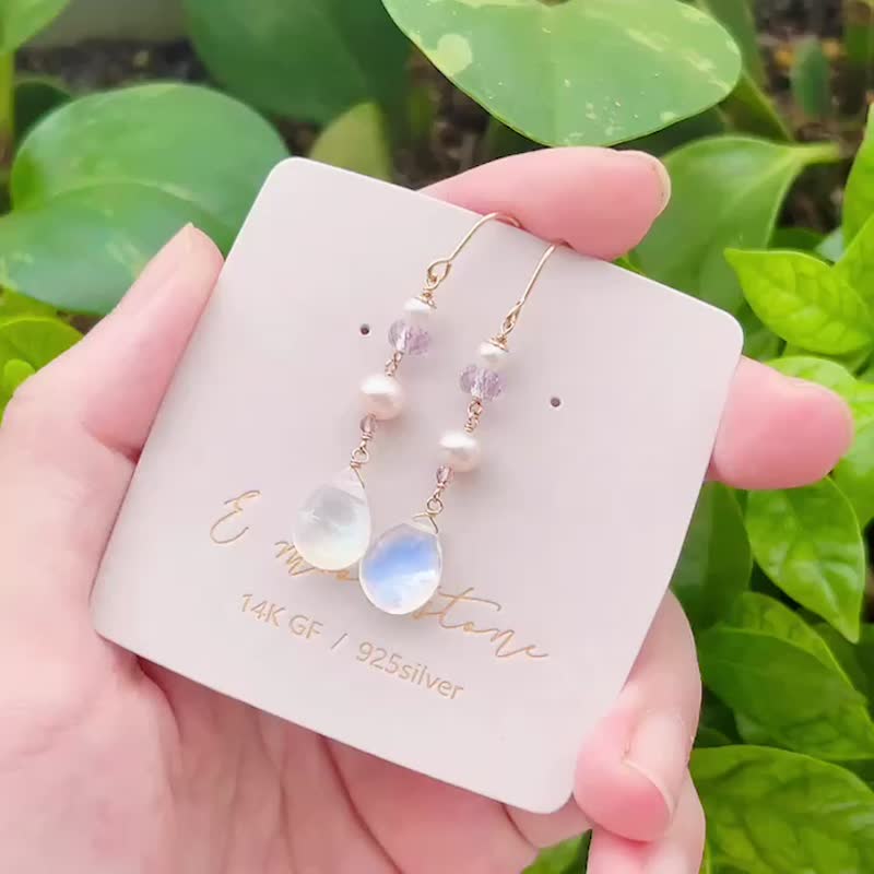 平静心灵 顶级蓝彩月光石耳环 温柔疗愈水晶 14K 注金 - 耳环/耳夹 - 水晶 白色