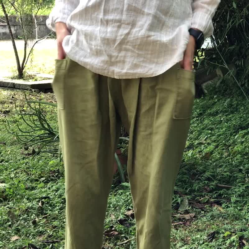 手工 棉麻低裆口袋九分泡泡老爷裤 - 女装长裤 - 棉．麻 黑色