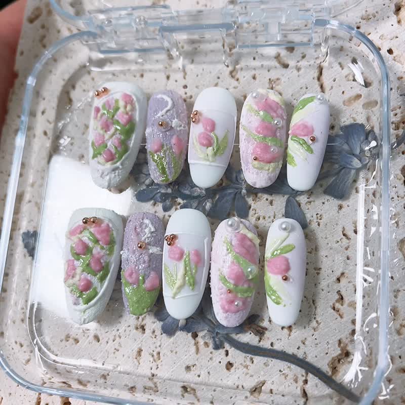 繁花 油画肌理 石膏 花砖 手工美甲 手绘穿戴甲 Nail arts/Press - 其他 - 其他材质 粉红色