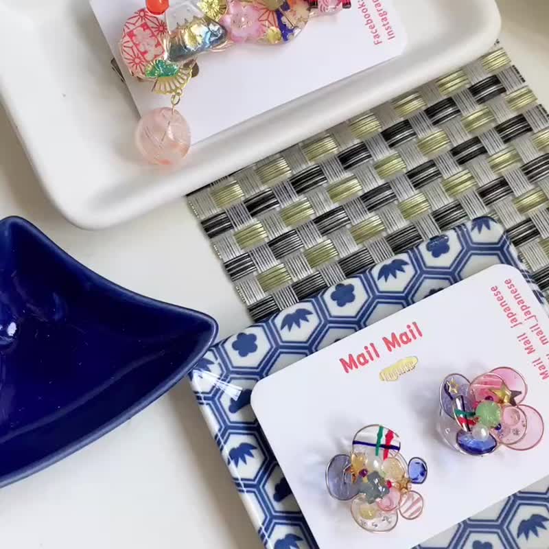 红蓝绿粉铜线花 - 耳环/耳夹 - 铜/黄铜 多色