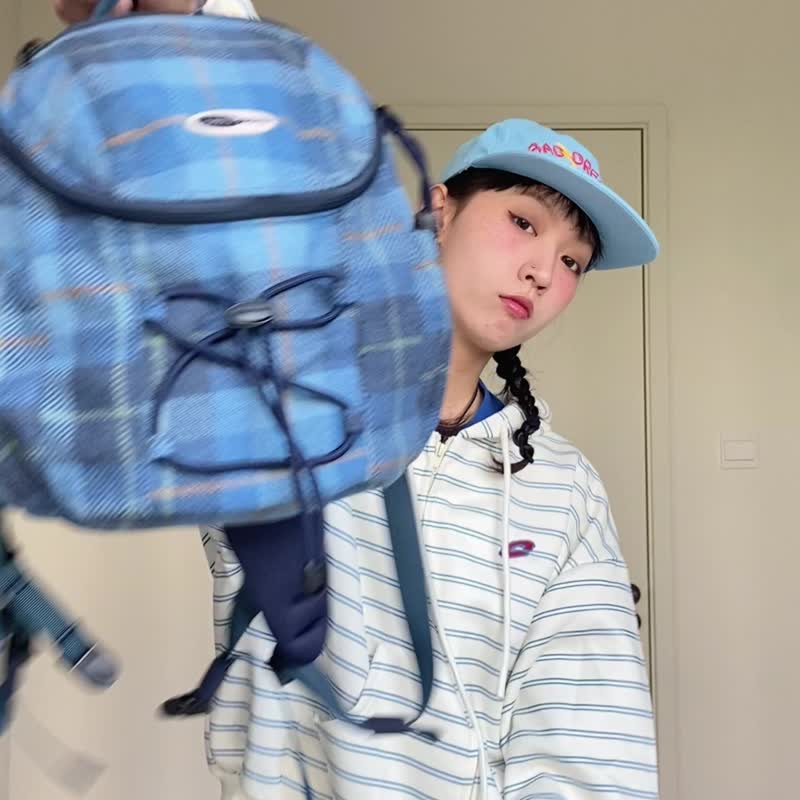 司康英伦格纹系列 秋冬款 迷你mini 徒步登山复古双肩后背包 蓝色 - 后背包/双肩包 - 聚酯纤维 蓝色