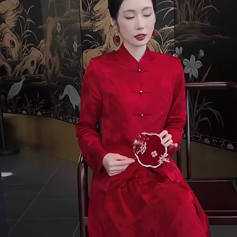 燕尔 紅色兩件式套裝 訂婚改良唐裝 新中式國風 新娘婚禮晨袍禮服 - 旗袍 - 其他人造纤维 红色