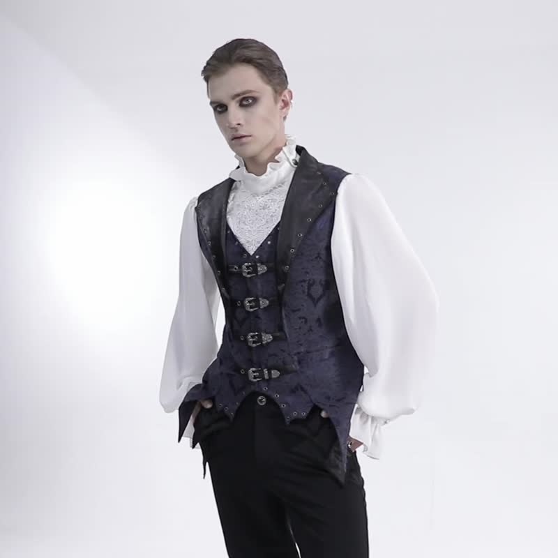 哥德吸血鬼蝠翼缇花翻领背心 - 红 / 黑 / 蓝 - 男装西装外套 - 其他材质 红色
