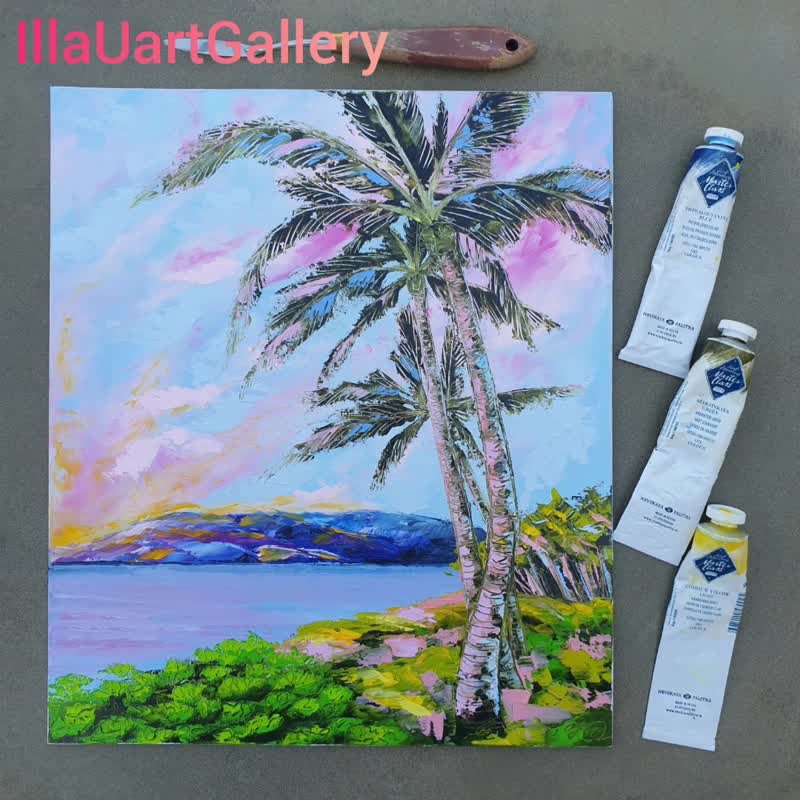 Palm Tree Painting Tropical Original Art Beach Wall Art Seascape Oil Painting - 海报/装饰画/版画 - 其他材质 多色