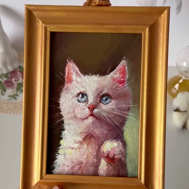白猫画框画作、猫咪壁挂艺术、宠物肖像、动物装饰、可爱小猫 - 墙贴/壁贴 - 棉．麻 多色