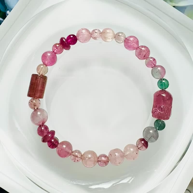 桃花朵朵独家设计款粉碧玺貔貅渐层粉碧玺紫碧玺手围15.5cm电气石 - 手链/手环 - 水晶 多色