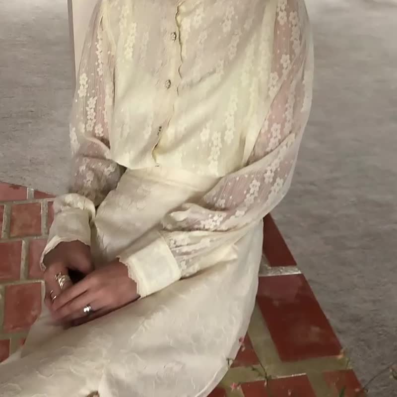 奶油色 浮雕暗紋提花半身長裙 優雅簡約雙層内裏高彈力鬆緊裙子 - 裙子 - 其他人造纤维 白色