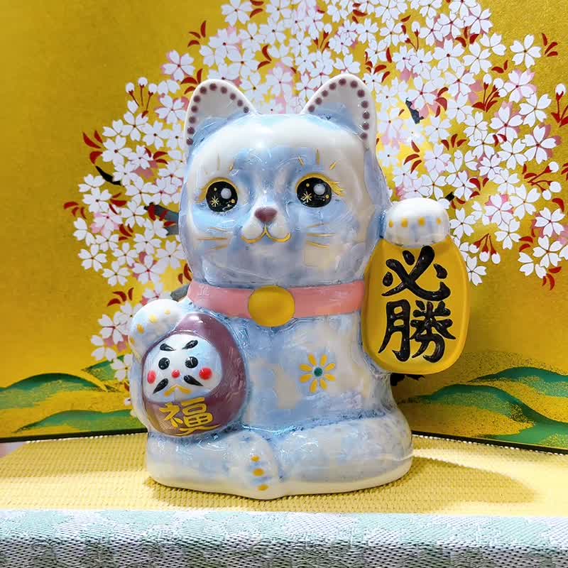 【银藤必胜】日本清水烧 | 银藤花结晶达摩招财猫 - 必胜开运 - 摆饰 - 瓷 蓝色