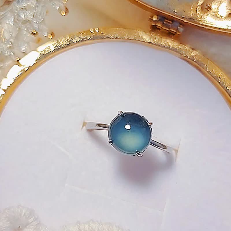 |财富女神|a货翡翠冰玻深蓝起杠大蛋面9mm纯银镀18k极简约款款戒 - 戒指 - 玉石 多色