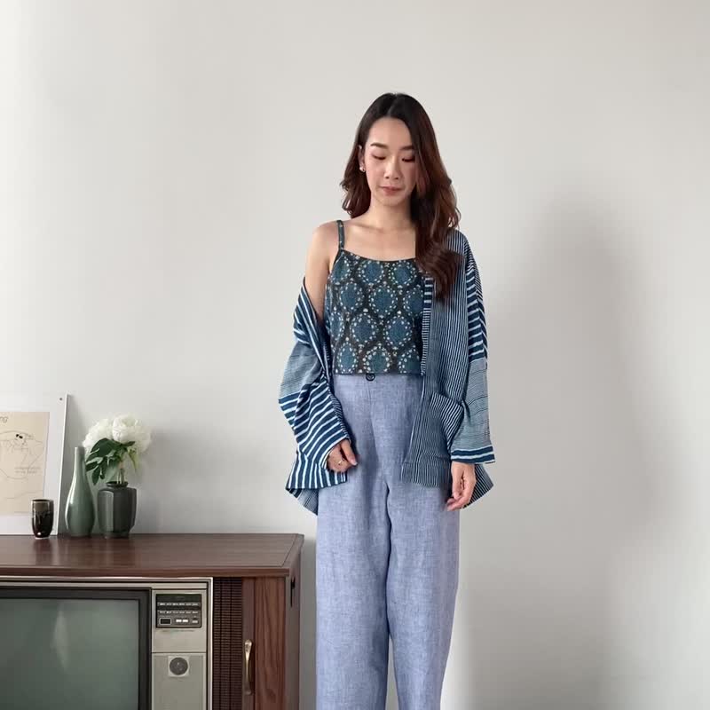 天然棉质和服式罩衫，柔软亲肤，附前袋 - 蓝色条纹 - 女装休闲/机能外套 - 棉．麻 蓝色