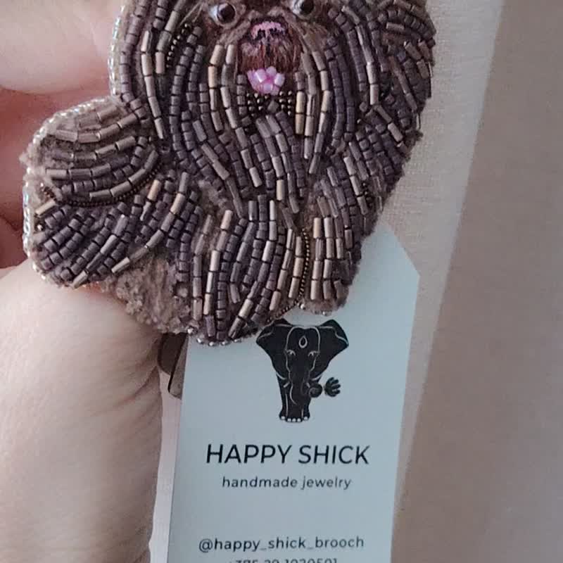 饰珠西施犬胸针，宠物肖像胸针，棕色西施犬饰品针 - 胸针 - 玻璃 咖啡色