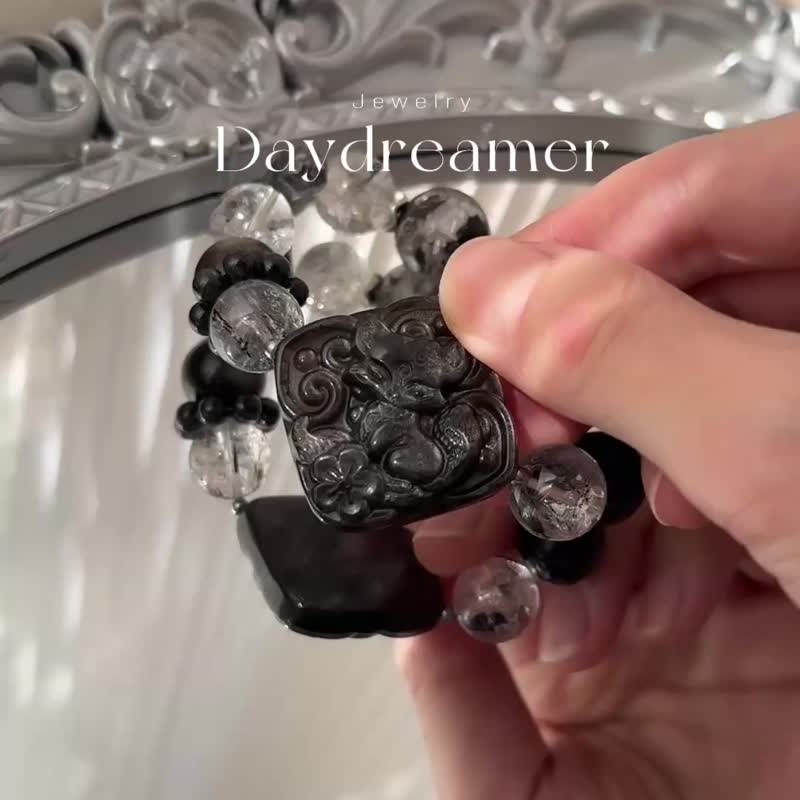 高品骸骨闪灵钻黑武士闪灵钻银耀石黑发晶纯银设计款手链 - 手链/手环 - 水晶 黑色