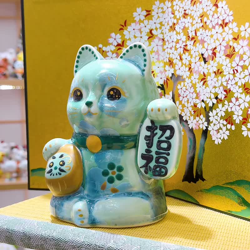 【绿晶招福】日本清水烧 | 绿色花结晶达摩招财猫 - 招福开运 - 摆饰 - 瓷 绿色