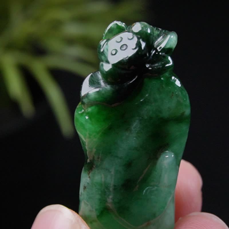 飘绿花翡翠巧雕莲花项链 | 天然缅甸玉A货翡翠 | 送礼 - 吊饰 - 玉石 绿色