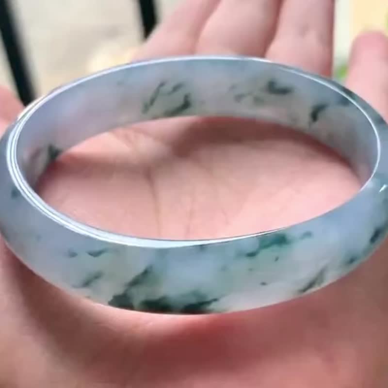 冰种 天然翡翠 缅甸 A玉 玉镯 • 冰种紫蓝飘花翡翠贵妃镯 - 手链/手环 - 玉石 蓝色