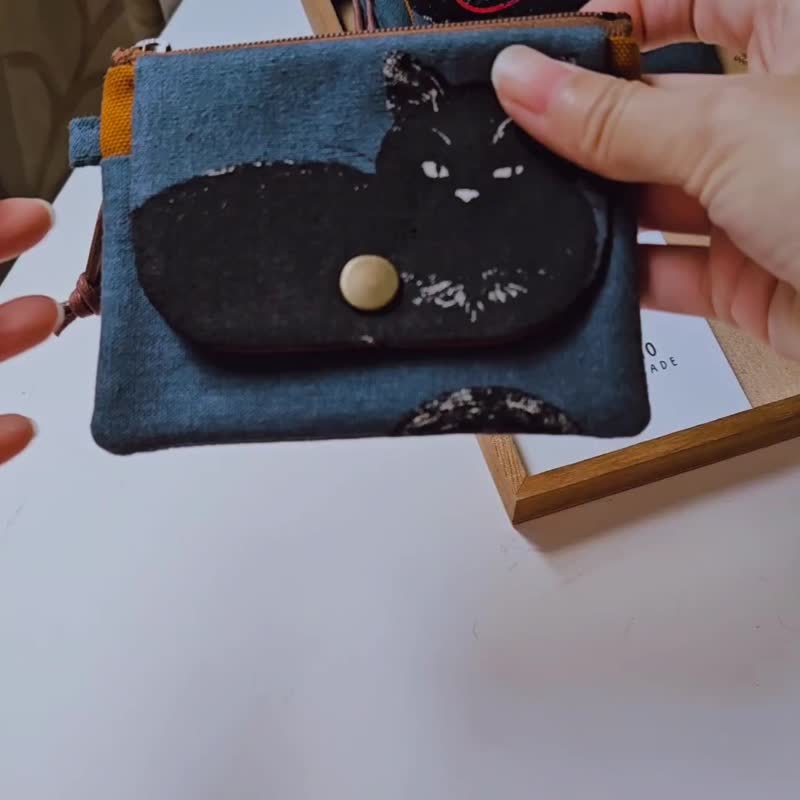 【掌心包系列】【掌心包系列】日本厌世黑猫 拉链零钱包 - 零钱包 - 棉．麻 多色