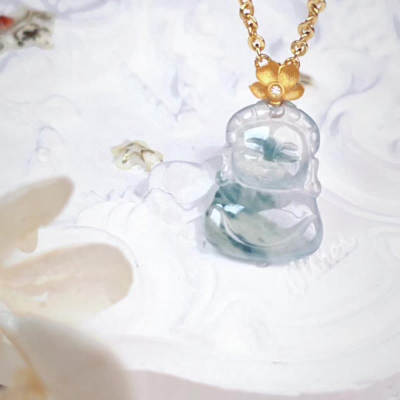 招财•开智慧•平安 | 纯 18k 金冰玻蓝飘花宝宝佛 | 缅甸 A 货翡翠吊坠 - 项链 - 玉石 