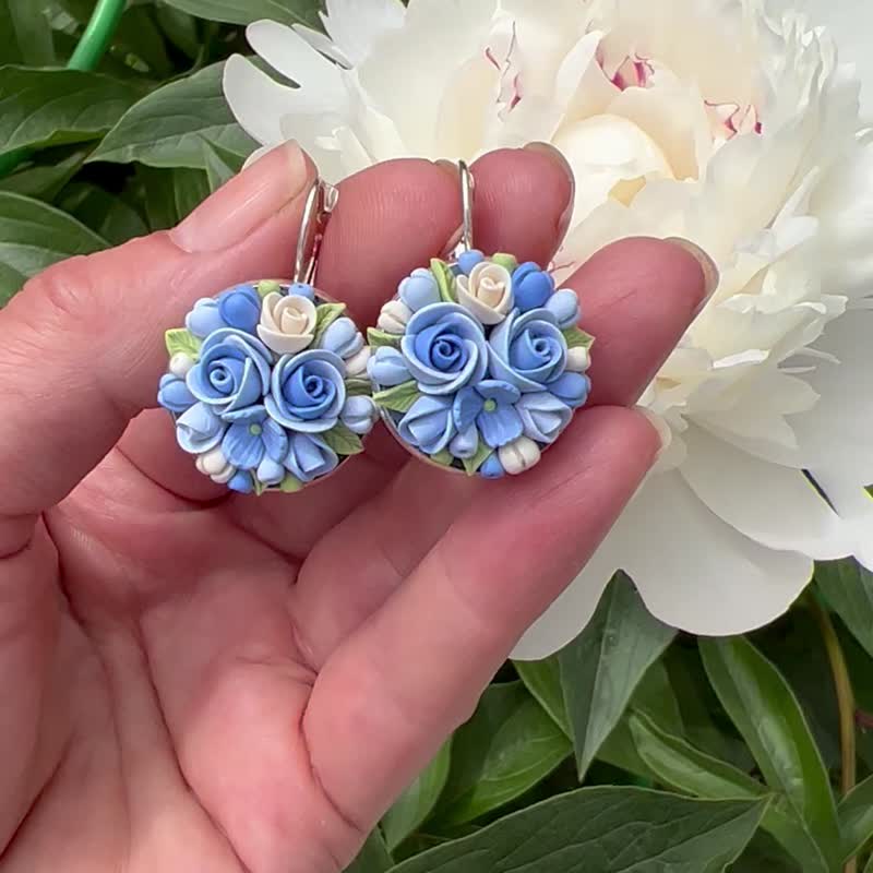 Flower Earrings Rose Earrings Blue Drop Earrings Floral Polymer Clay Jewelry - 耳环/耳夹 - 粘土 蓝色