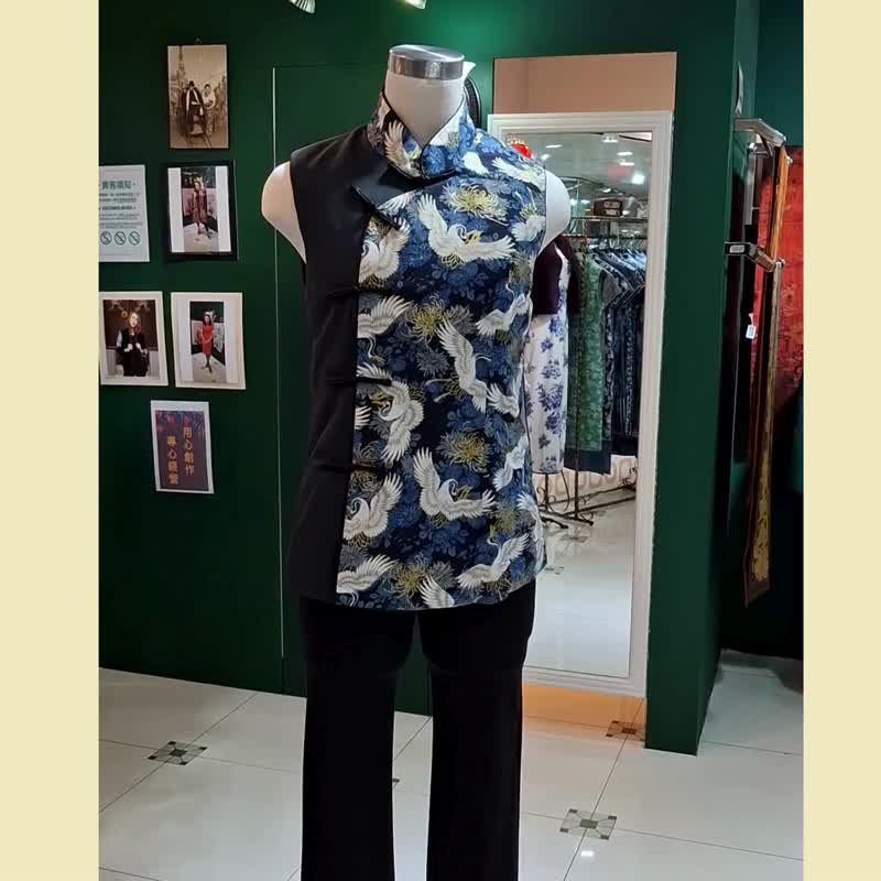 VINTAGE 悦裳 新式改良复古 蓝色金鸟拼布背心 春装 - 中性连帽卫衣/T 恤 - 聚酯纤维 蓝色