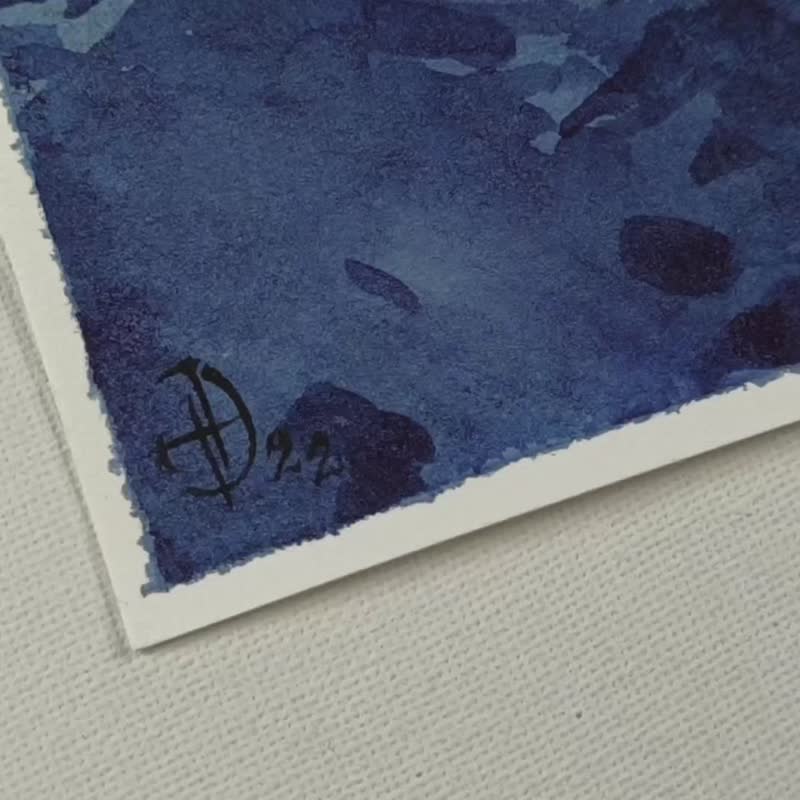 Mountain Painting Pine Tree Original Art Watercolor Landscape Hand-Painted - 海报/装饰画/版画 - 纸 蓝色