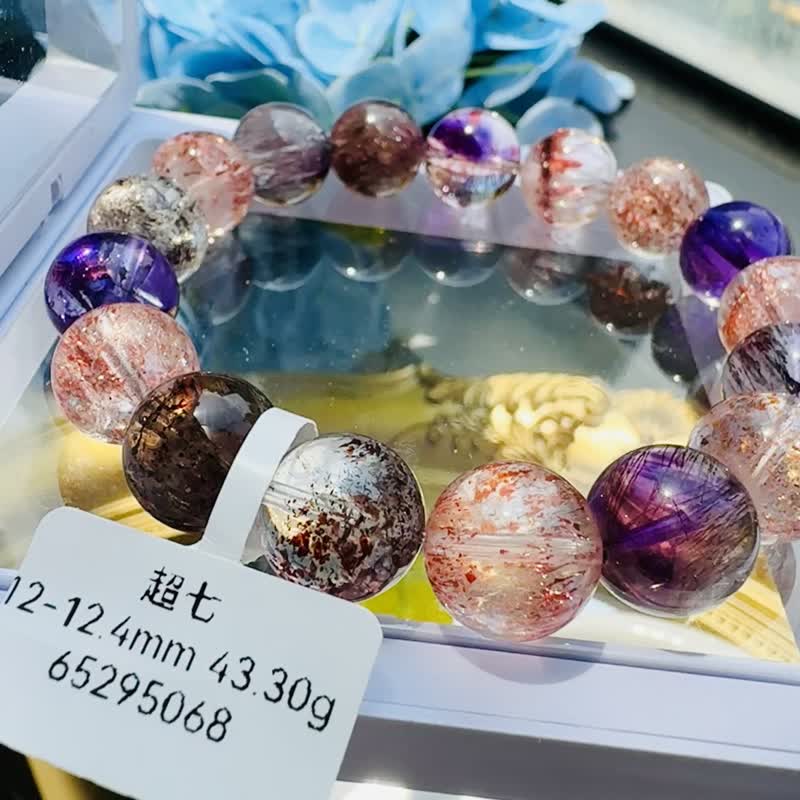 收藏精品玻璃透 A 体大珠彩超七 12-12.4mm43.30g 经典彼岸花紫超发晶 - 手链/手环 - 水晶 多色
