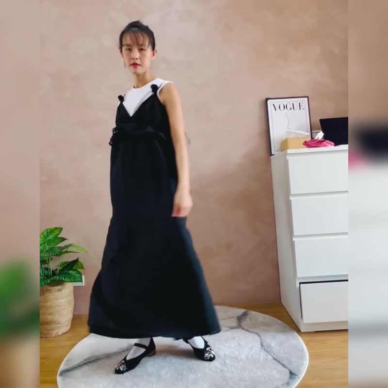 黑色格纹蓬蓬长洋装 - 洋装/连衣裙 - 聚酯纤维 黑色