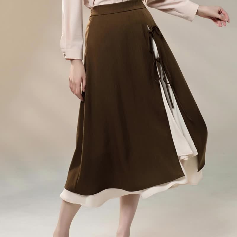 文艺复古蝴蝶系带半身裙  A字伞裙显瘦遮胯拉长腰身比例 秋装洋装 - 裙子 - 聚酯纤维 咖啡色
