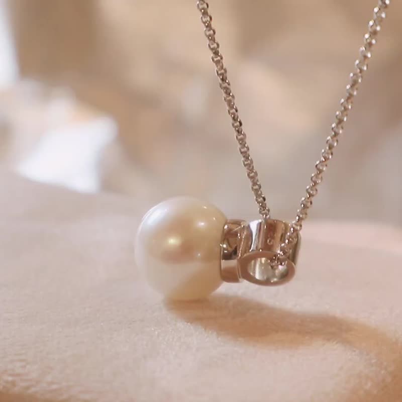 925纯银正圆11.5-12mm 天然淡水珍珠-光金吊坠项链 - 项链 - 珍珠 白色