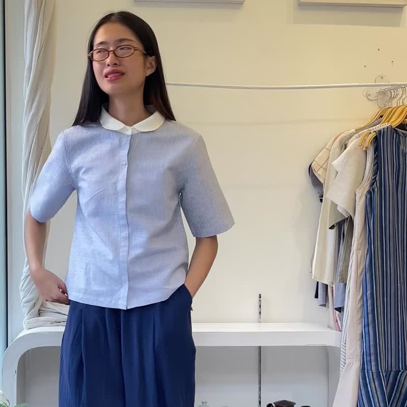 Ally 荷叶领条纹亚麻短袖衬衫，白色领口 - 女装衬衫 - 棉 蓝色