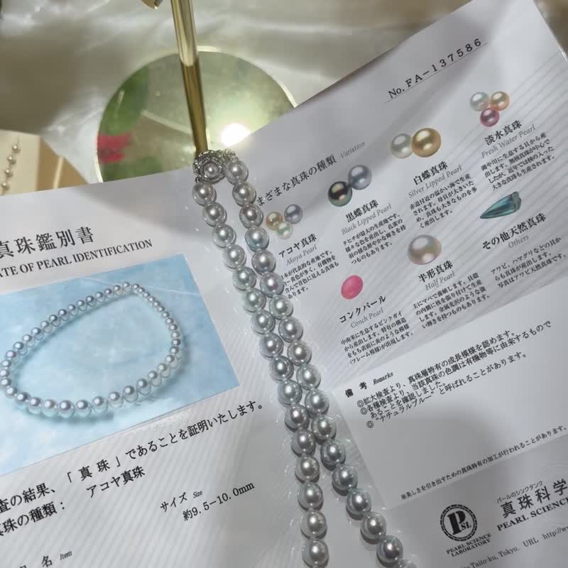 9.5-10mm 真多麻色 akoya 珍珠项链 带真科研鉴定证书 收藏级尺寸 - 项链 - 珍珠 蓝色