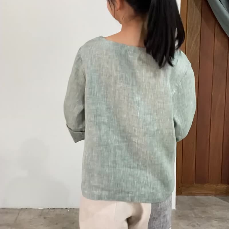 Natural Linen Long Sleeves with Square Neckline Blouse - Jade Green - 女装上衣 - 亚麻 绿色