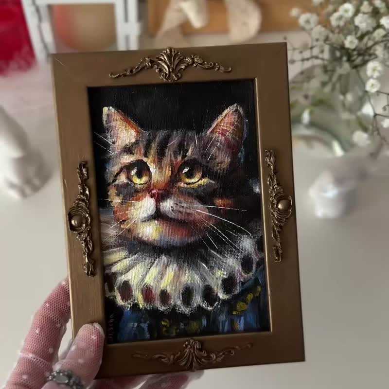 棕色猫咪裱框画作，猫咪壁挂艺术，宠物肖像，猫咪摆饰，复古画框 - 墙贴/壁贴 - 棉．麻 多色