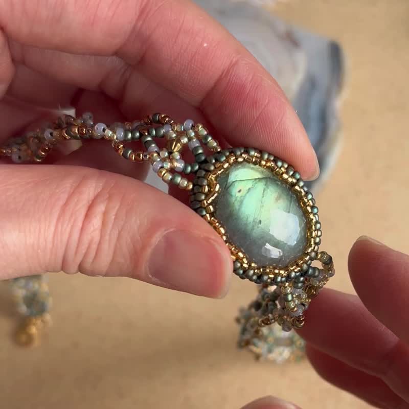 原创设计 拉长石 蕾丝 手工串珠 颈链 - 颈链 - 水晶 绿色