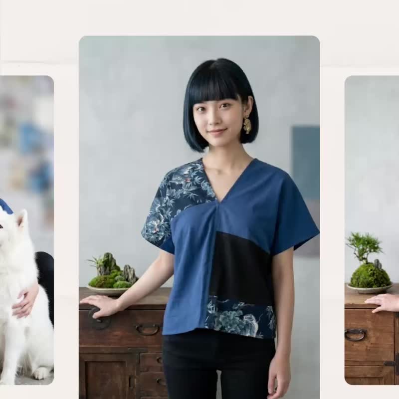 日系纯棉混纺不对称拼接蓝黑撞色松竹老虎图腾四角衣罩衫 - 女装衬衫 - 棉 蓝色